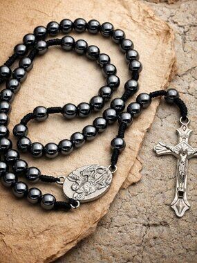 Saint Michael Hematite Bead Rosary, Black Cord, 12" Length, St Michael Center